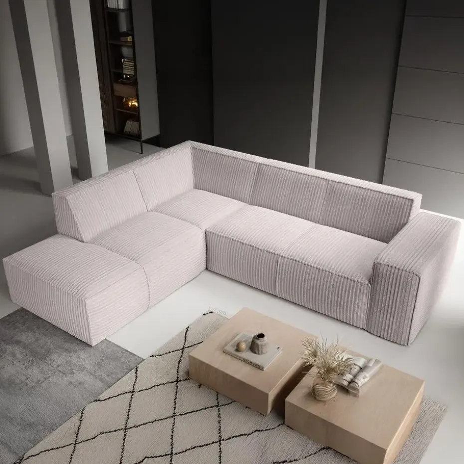 Meubella - Hoekbank Monet - Beige - Fluffy ribstof - Links