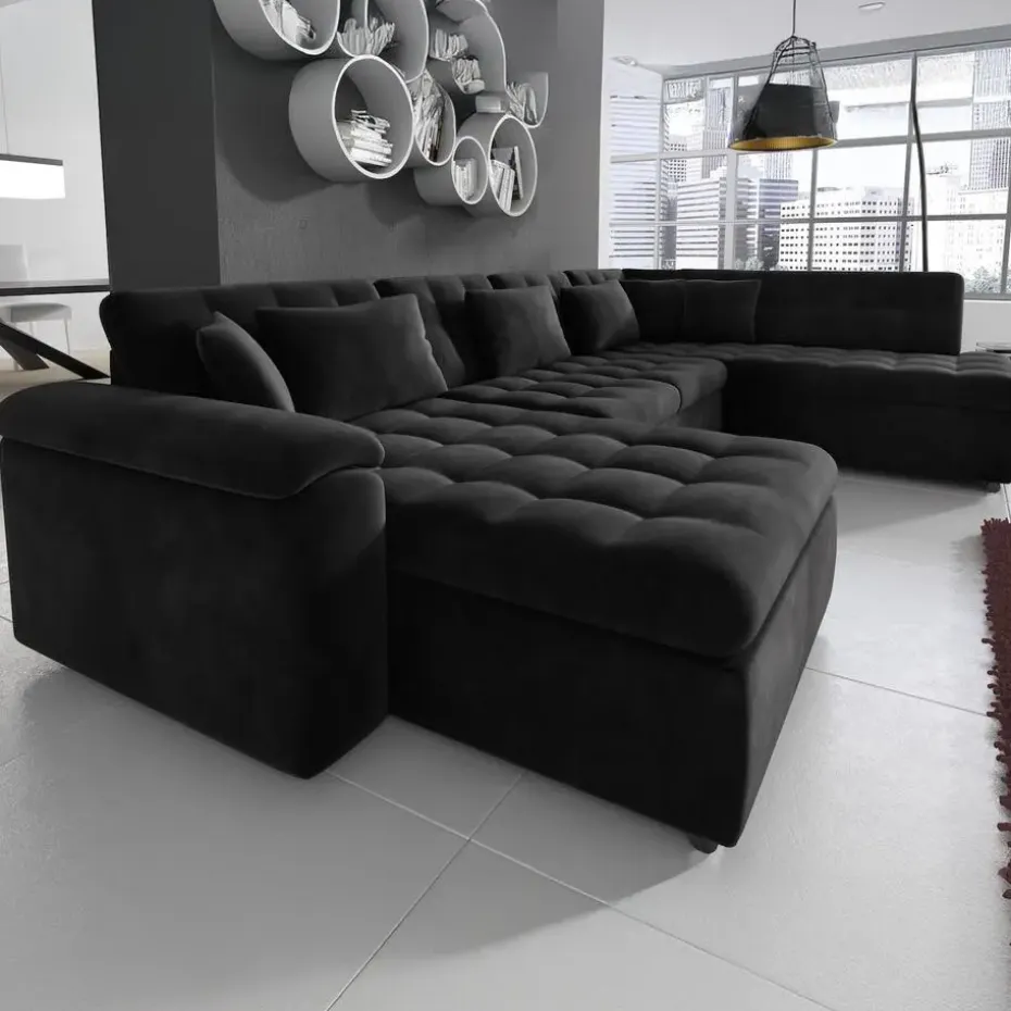 Meubella - Hoekbank Nicoreta - Zwart - Velvet - Links