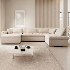 Meubella - Hoekbank Nicoreta - Beige - Teddy Boucle - Links