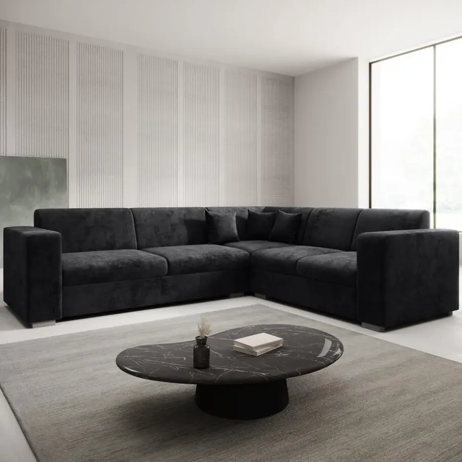 Meubella - Hoekbank Santana - Zwart - Velvet - Rechts