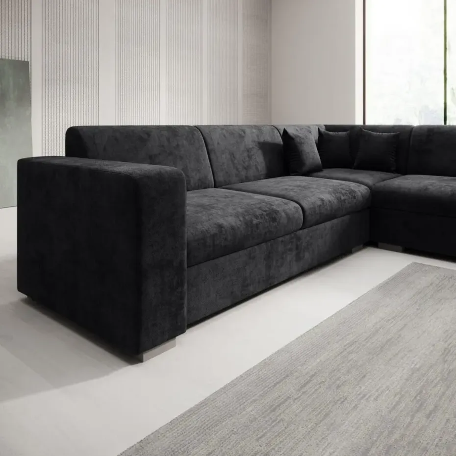 Meubella - Hoekbank Santana - Zwart - Velvet - Rechts