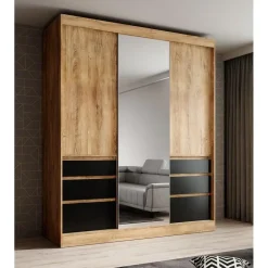 Meubella - Kledingkast Henry - Eiken - Zwart - 180 cm - Met spiegel