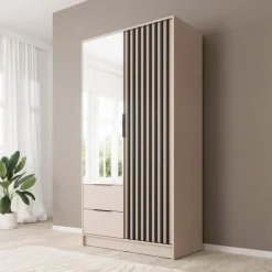 Meubella - Kledingkast Nairobi - Beige - Zwart - 105 cm - met spiegel