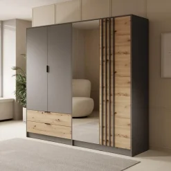 Meubella - Kledingkast Roma - Grijs - Eiken - 221 cm - Met spiegel