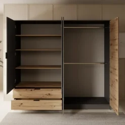 Meubella - Kledingkast Roma - Grijs - Eiken - 221 cm - Met spiegel