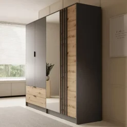 Meubella - Kledingkast Roma - Grijs - Eiken - 221 cm - Met spiegel