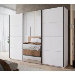 Meubella - Kledingkast Zapata - Wit - 255 cm - Met spiegel