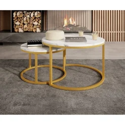 Meubella - Salontafel Rica - Wit marmerlook - Goud - Set van 2