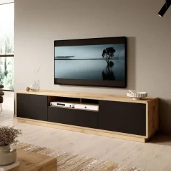 Meubella - TV-Meubel Acuna - Mat zwart - Eiken - 200 cm