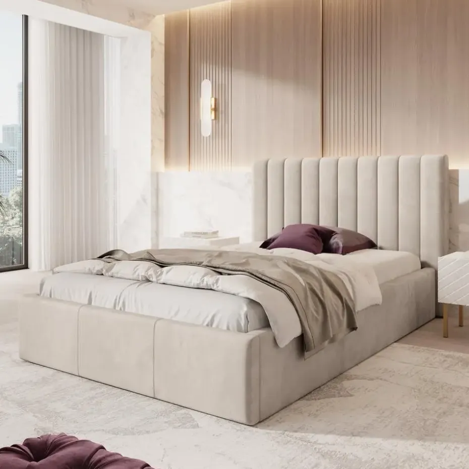 Meubella - Tweepersoonsbed Chief - Beige - Velvet - 140x200 cm