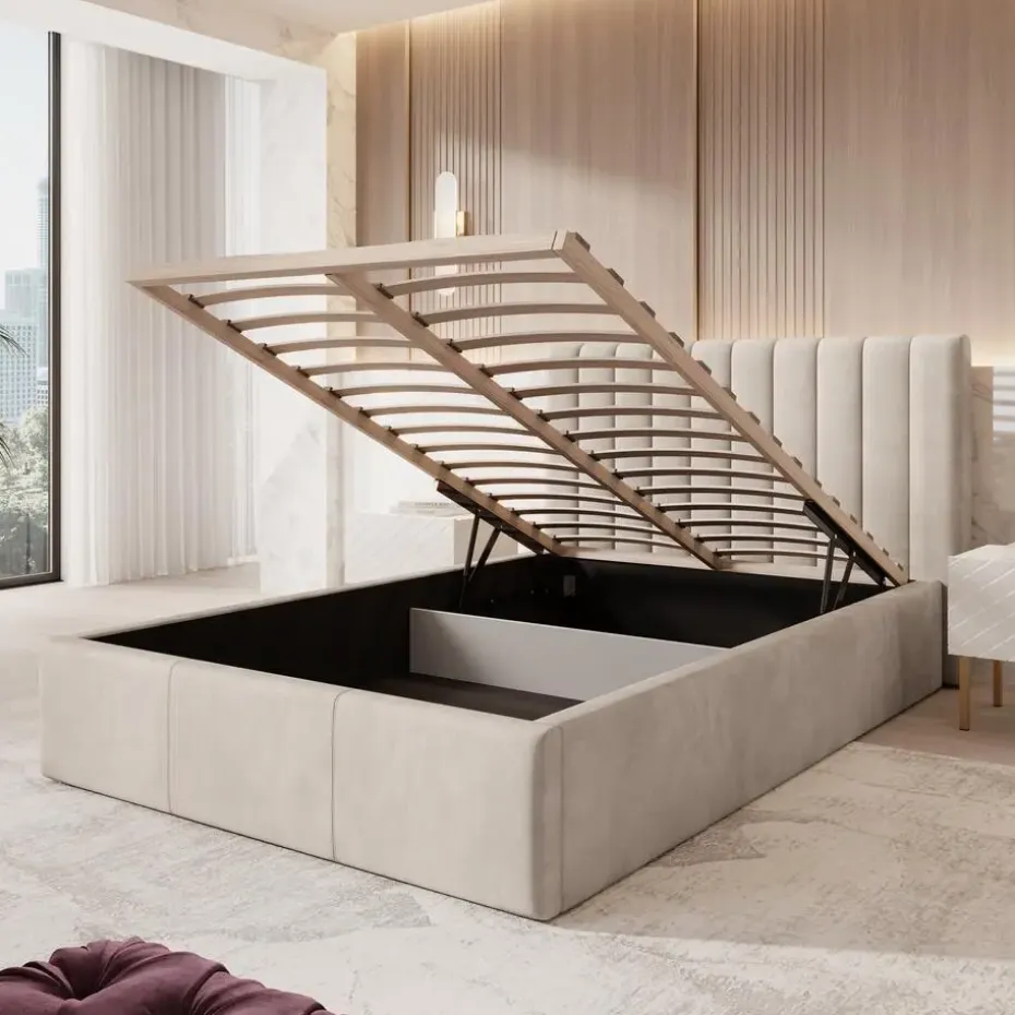 Meubella - Tweepersoonsbed Chief - Beige - Velvet - 140x200 cm