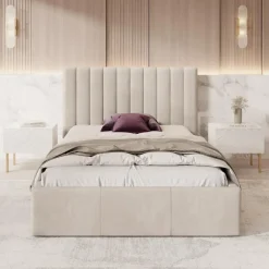 Meubella - Tweepersoonsbed Chief - Beige - Velvet - 140x200 cm