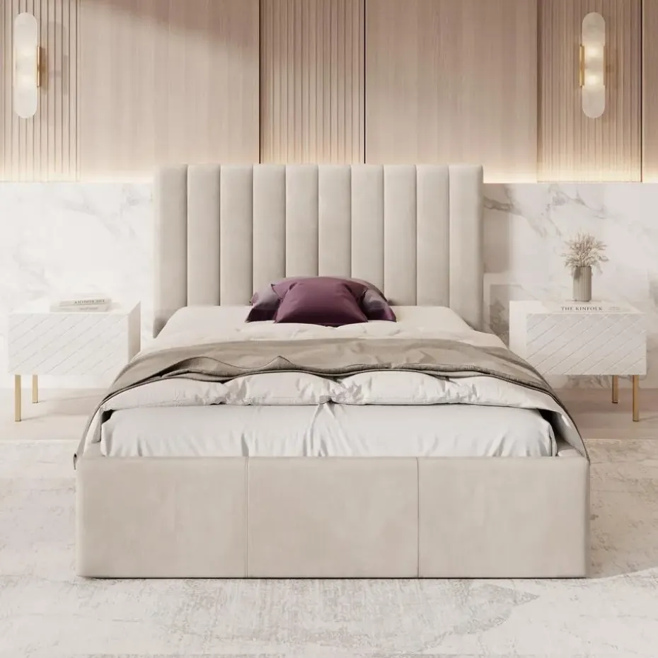 Meubella - Tweepersoonsbed Chief - Beige - Velvet - 140x200 cm