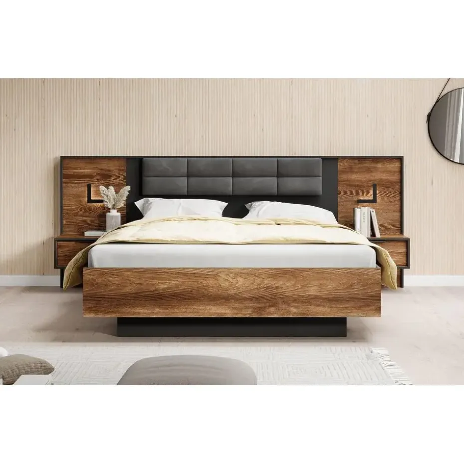 Meubella - Tweepersoonsbed Mulvey - Eiken - Antraciet - 160x200 cm