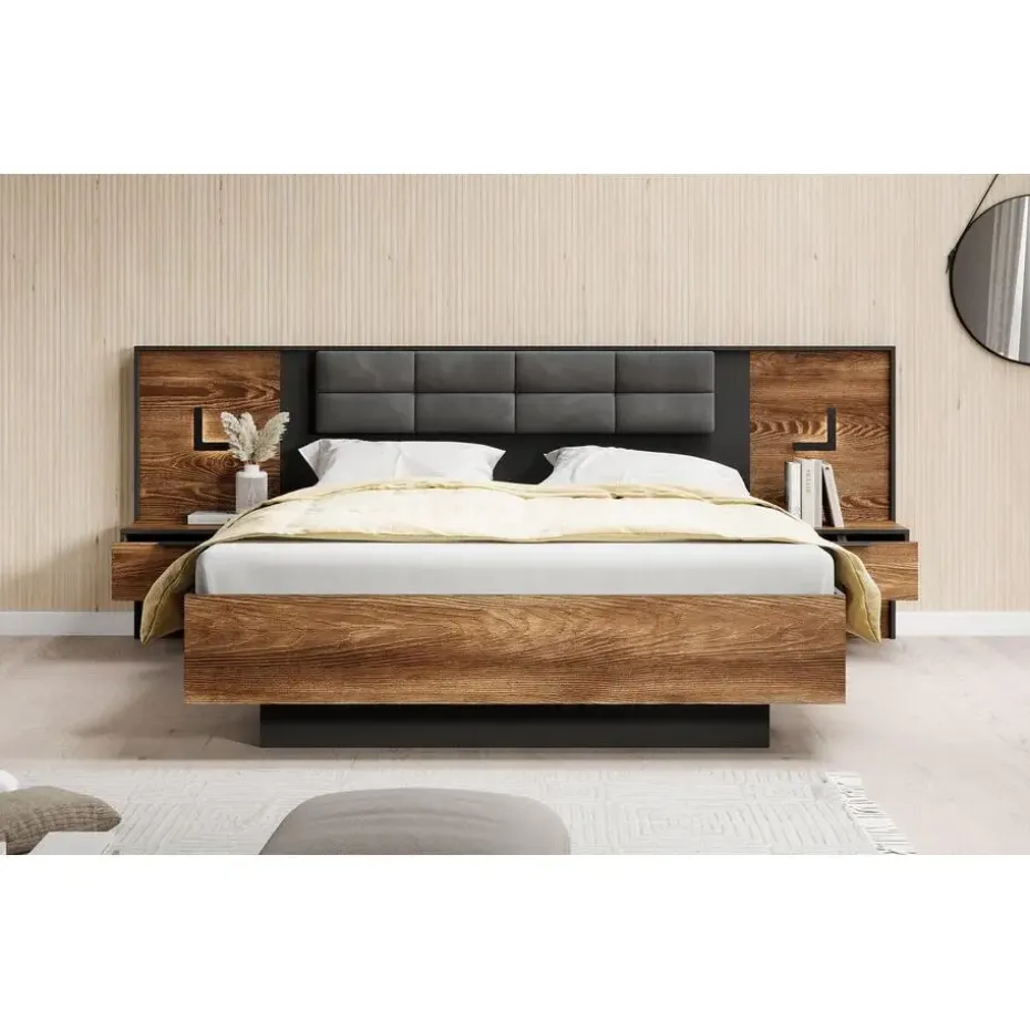 Meubella - Tweepersoonsbed Mulvey - Eiken - Antraciet - 160x200 cm