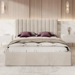 Meubella - Tweepersoonsbed Chief - Beige - Velvet - 160x200 cm