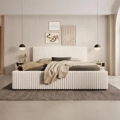 Meubella - Tweepersoonsbed Infinity - Beige - Fluffy ribstof - 160x200 cm