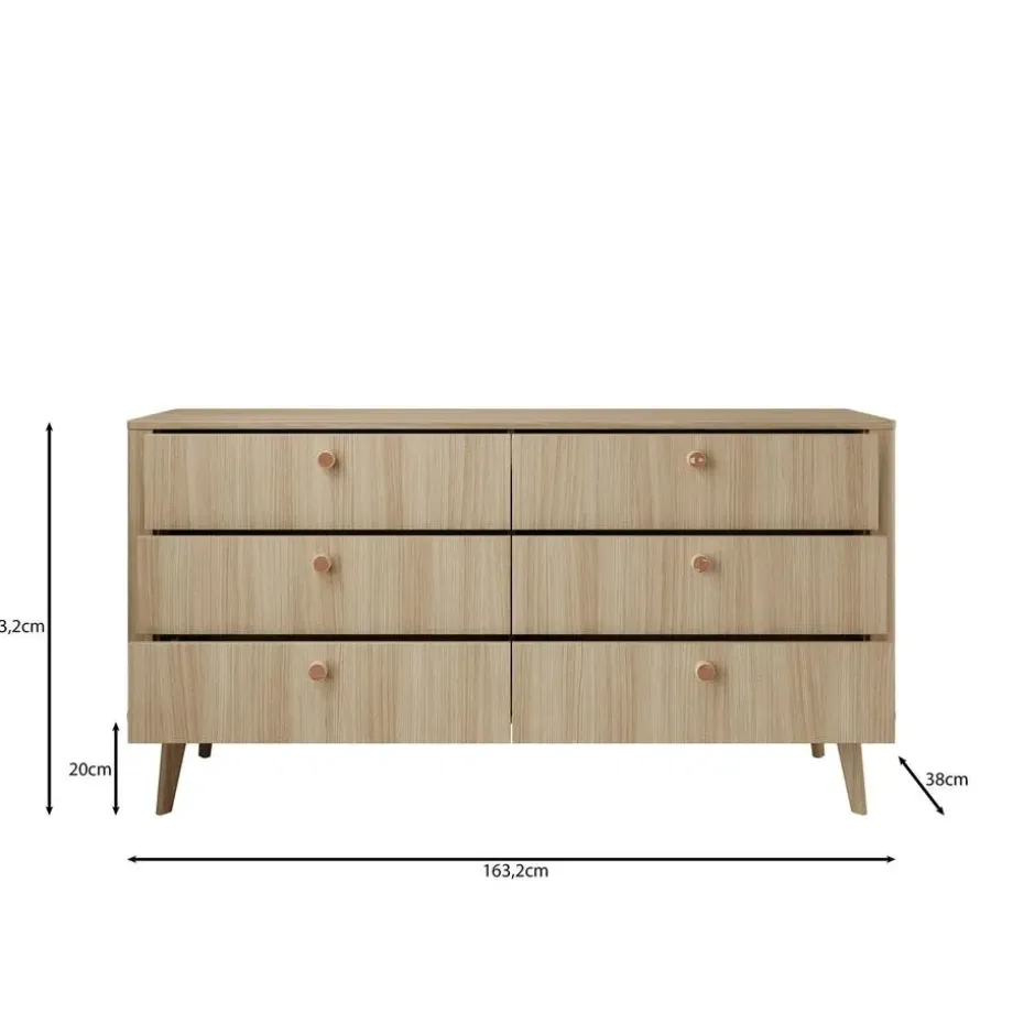Meubella - Voorne - Ladekast met 6 lades - Eiken - 163x38x83 cm