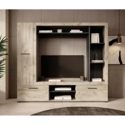 Meubella - Wandmeubel Loni - Grijs eiken - Zwart eiken