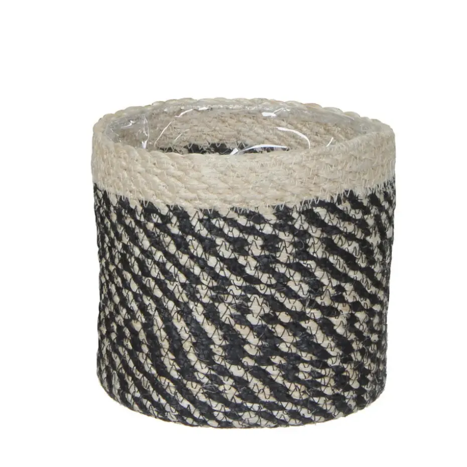 Mica Decorations Plantenmand - naturel met zwart - rotan - 12 x 12 cm