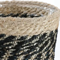 Mica Decorations Plantenmand - naturel met zwart - rotan - 12 x 12 cm