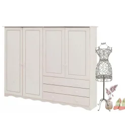Minik - Kledingkast met 4 deuren en 3 laden en wit grenen