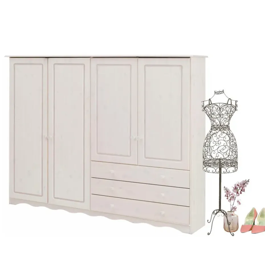 Minik - Kledingkast met 4 deuren en 3 laden en wit grenen