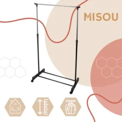 MISOU Kledingrek op Wieltjes Enkel Zwart Metaal Verstelbaar