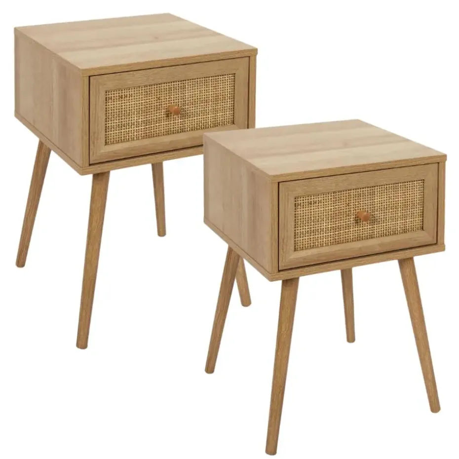 MISOU Nachtkastje Met Lade Set van 2 Rotan Webbing Hout