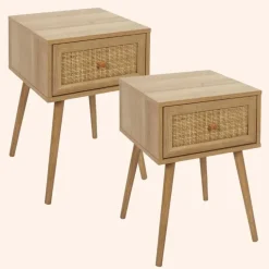MISOU Nachtkastje Met Lade Set van 2 Rotan Webbing Hout