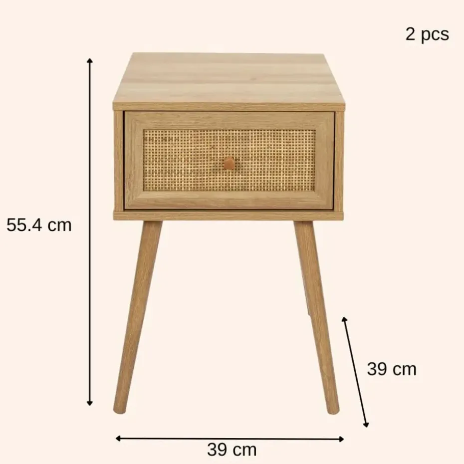 MISOU Nachtkastje Met Lade Set van 2 Rotan Webbing Hout