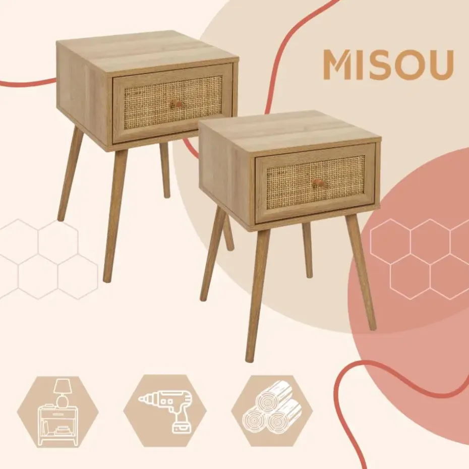 MISOU Nachtkastje Met Lade Set van 2 Rotan Webbing Hout