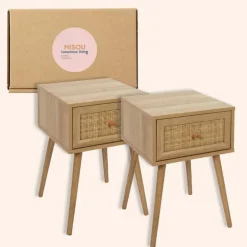 MISOU Nachtkastje Met Lade Set van 2 Rotan Webbing Hout