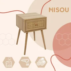 MISOU Nachtkastje Met Lade Rotan Webbing Hout