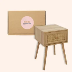 MISOU Nachtkastje Met Lade Rotan Webbing Hout
