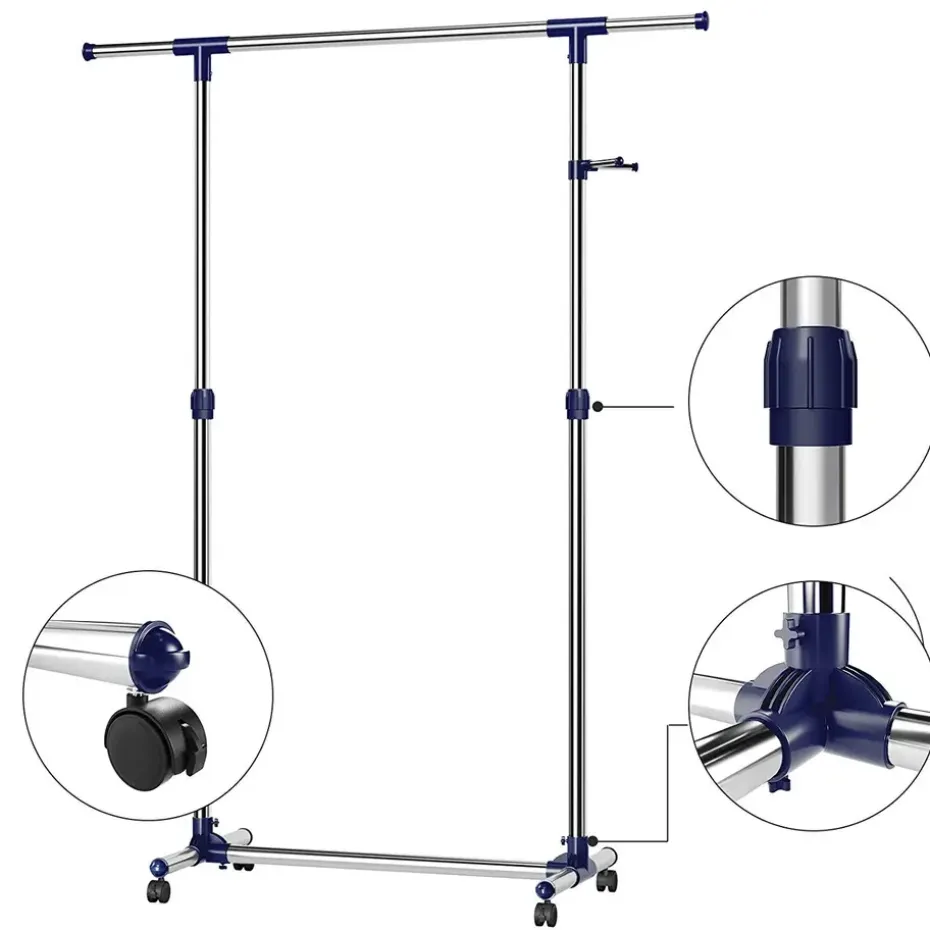 Mobiel kledingrek - verstelbaar - 1 rail en 2 haken - 87x165x44 cm - zilvergrijs