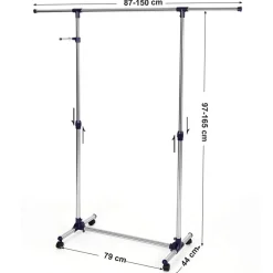 Mobiel kledingrek - verstelbaar - 1 rail en 2 haken - 87x165x44 cm - zilvergrijs
