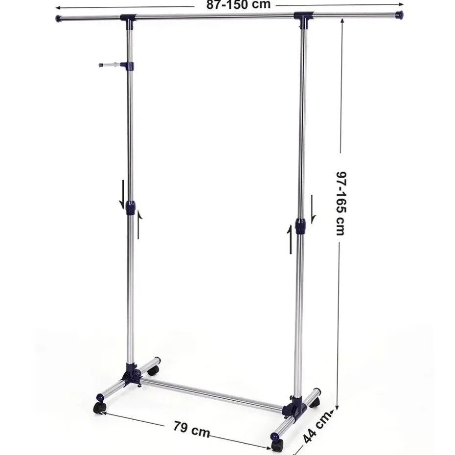 Mobiel kledingrek - verstelbaar - 1 rail en 2 haken - 87x165x44 cm - zilvergrijs