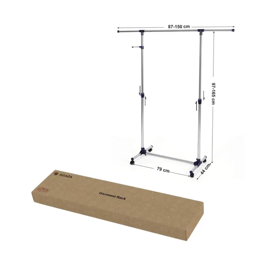 Mobiel kledingrek - verstelbaar - 1 rail en 2 haken - 87x165x44 cm - zilvergrijs