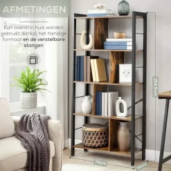 O'DADDY Industrieel Boekenkast - 74x30x150cm - Vintage Bruin/Zwart Metaal