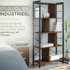 O'DADDY Industrieel Boekenkast - 74x30x150cm - Vintage Bruin/Zwart Metaal