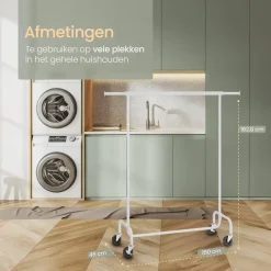 O'DADDY Verstelbaar Kledingrek op Wielen - 130 Kg Draagvermogen - Roestvrij