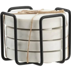 Onderzetters wit marmer - set van 4 - Ø11 cm - met houder