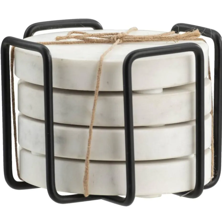 Onderzetters wit marmer - set van 4 - Ø11 cm - met houder