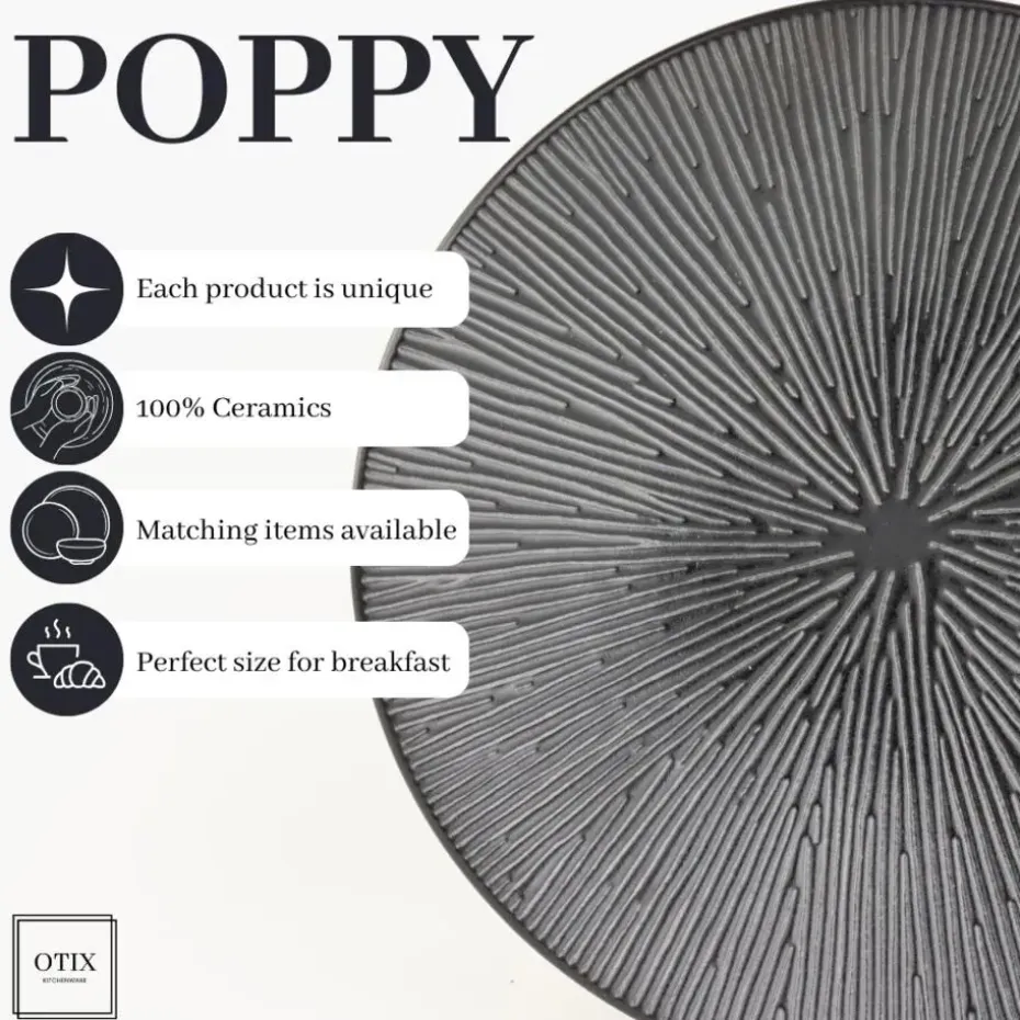 OTIX Dessert Ontbijt Bordenset 12 Persoons Zwart 21cm Keramiek POPPY