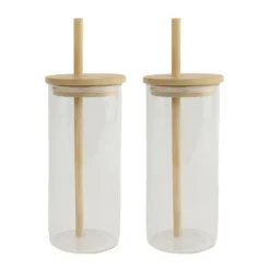 OTIX Drinkglazen met Bamboo Deksel met Rietje 2 Stuks 400 ml Waterglazen