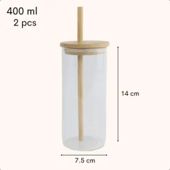 OTIX Drinkglazen met Bamboo Deksel met Rietje 2 Stuks 400 ml Waterglazen