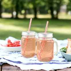 OTIX Mason jar Drinkbeker met Rietje Set van 4 Zilvere dop 450 ml