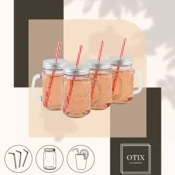OTIX Mason jar Drinkbeker met Rietje Set van 4 Zilvere dop 450 ml