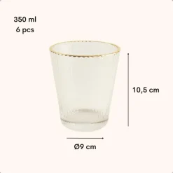 OTIX Waterglazen Set van 6 Stapelbaar 350 ml Met gouden rand Reliëf Ribbel